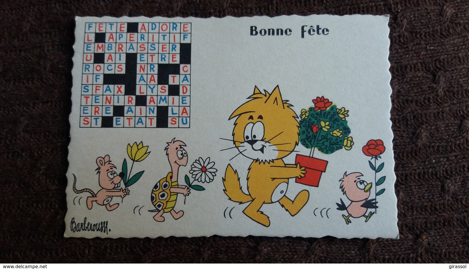 CPSM ILLUSTRATEUR BARBEROUSSE BONNE FETE CHAT SOURIS TORTUE OISEAU MOTS CROISES - Barberousse