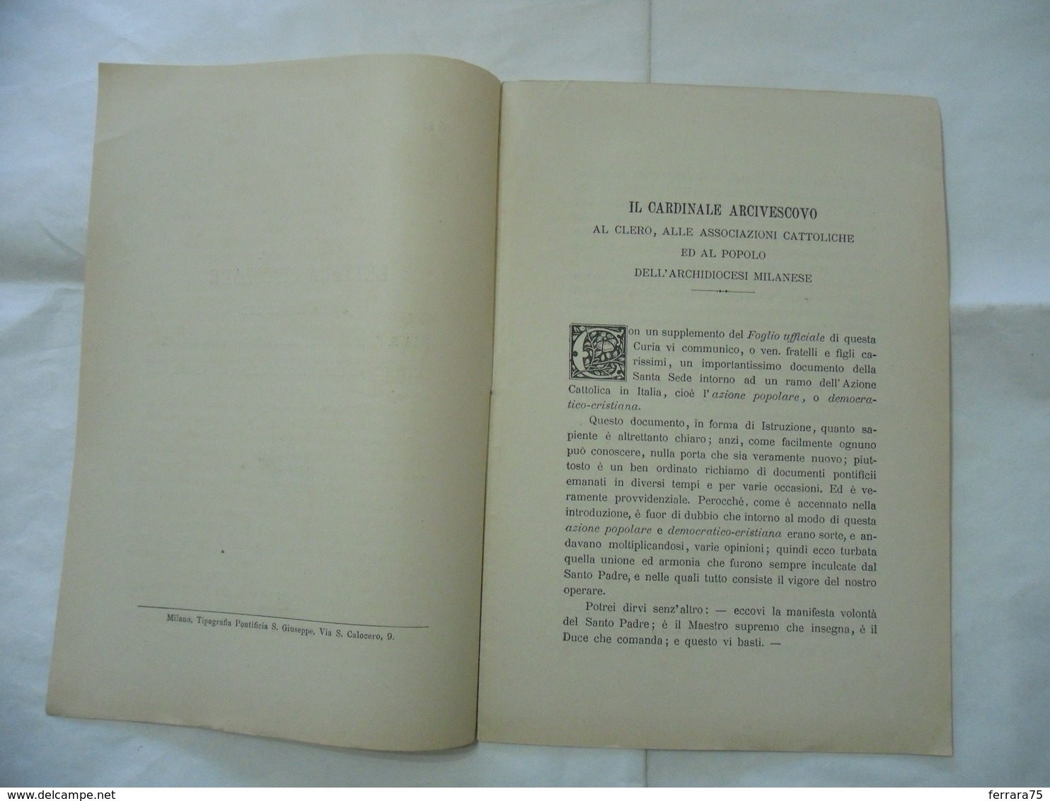 LETTERA CIRCOLARE AFFARI ECCLESIASTICI INTORNO ALLA DEMOCRAZIA MILANO 1902. - Religion