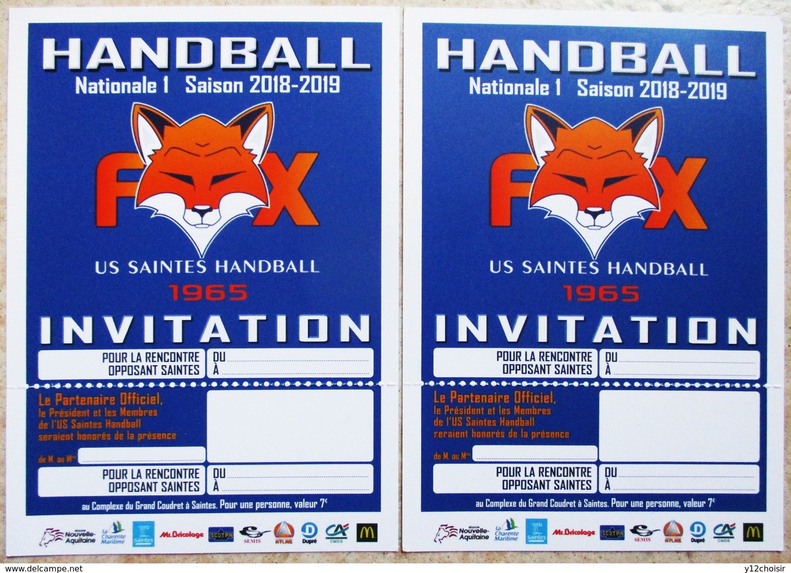 CARTE (2) INVITATION HANDBALL FOX RENARD SAISON 2018 2019 US SAINTES CHARENTE MARITIME - Tickets - Vouchers