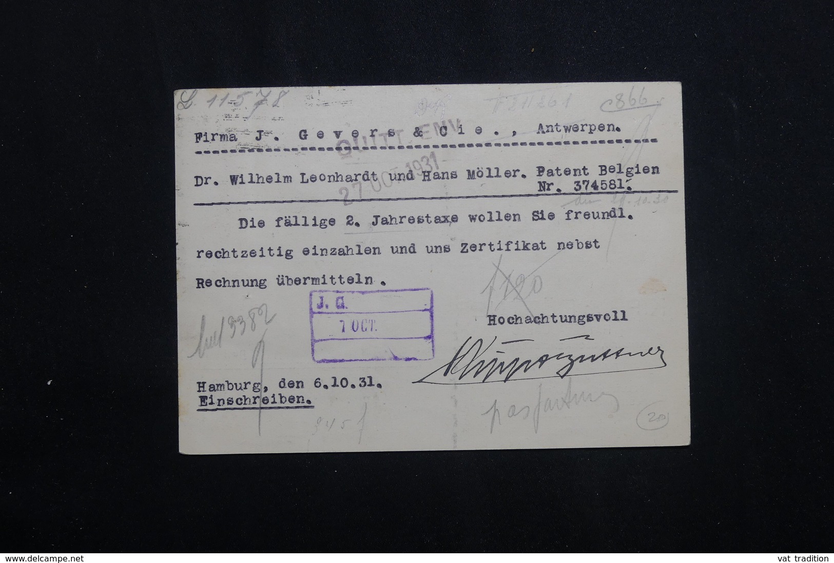 ALLEMAGNE - Carte Commerciale En Recommandé De Hamburg Pour La Belgique En 1931, Affranchissement Plaisant -  L 62045 - Storia Postale