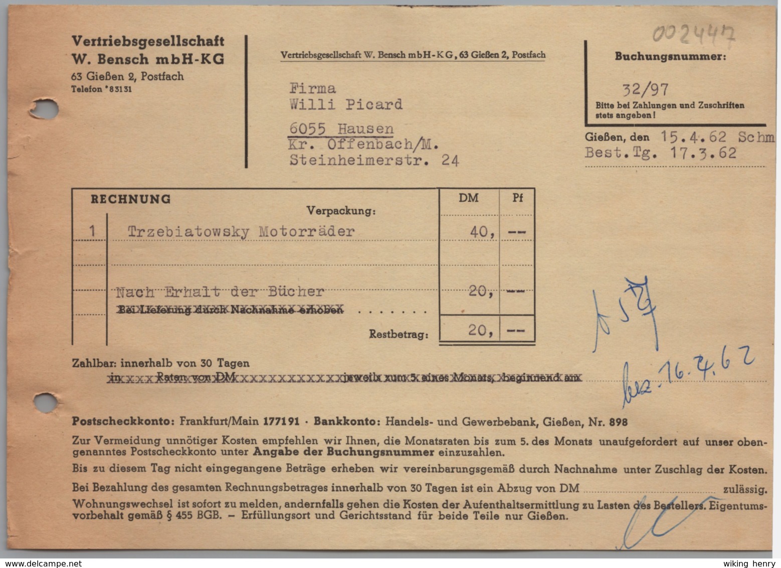 Giessen - Rechnung über Buch Trzebiatowsky Motorräder Vertriebsgesellschaft W. Bensch MbH KG - Imprenta & Papelería