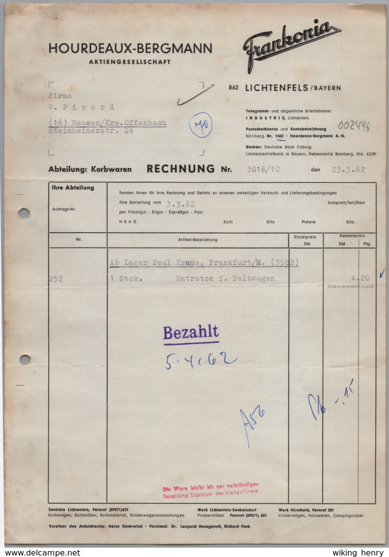 Lichtenfels In Oberfranken - Rechnung Kinderwagenfabrik Frankonia 1 - 1950 - ...