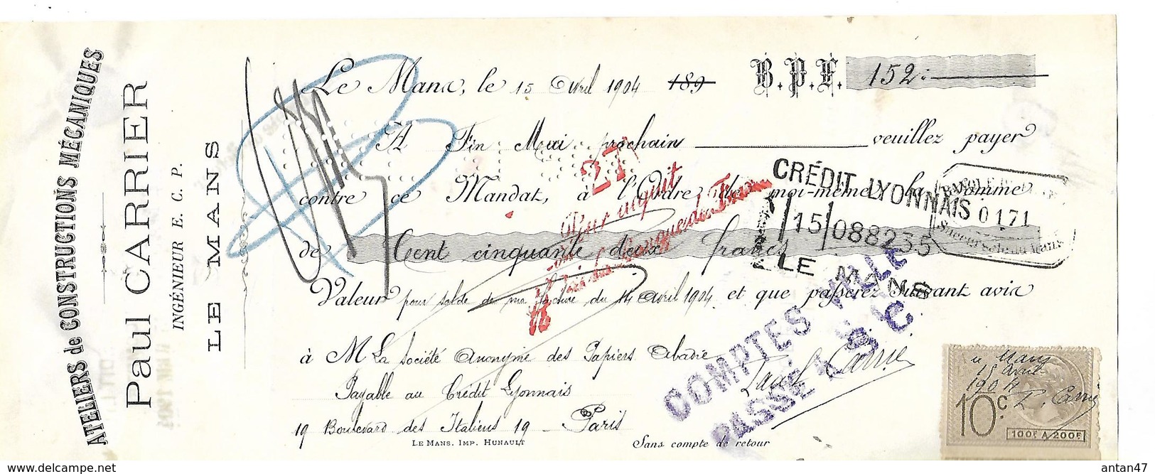 Traite 1904 / SARTHE / LE MANS / Paul CARRIER / Atelier De Constructions Mécaniques - Bills Of Exchange