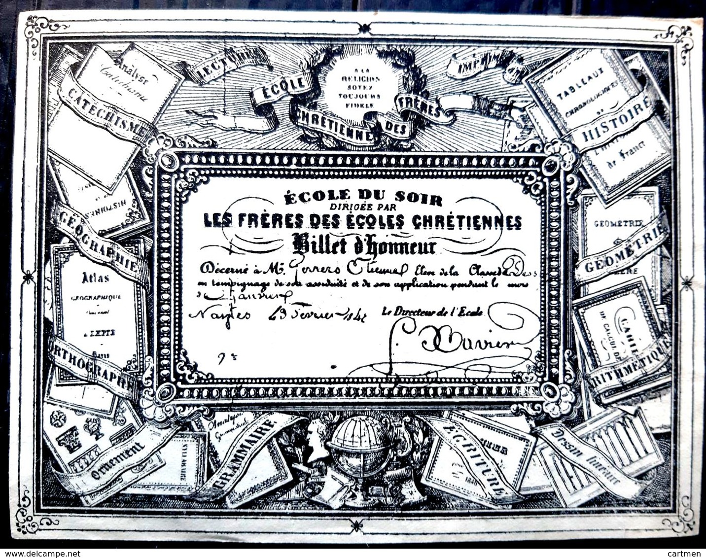 PEDAGOGIE ENSEIGNEMENT ECOLE DU SOIR DES FRERES DES ECOLES CHRETIENNES BILLET D'HONNEUR BELLE CALLIGRAPHIE 19° - Otros & Sin Clasificación