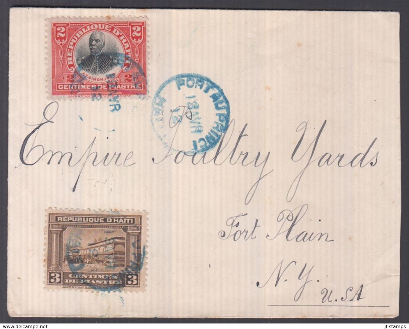 1912. HAITI. 2 C. A.T. SIMON + 3 C  On Cover To Fort Plain, New York, USA  From PORT-... (Michel 128+) - JF362144 - Haiti