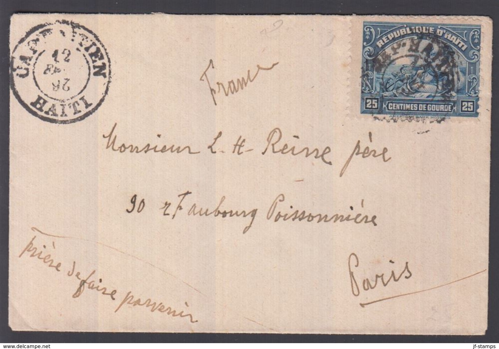 1926. HAITI. 25 C Peace  On Cover To Paris, France  From CAP  HAITIEN HAITI 12 F 26 W... (Michel 244) - JF362145 - Haití