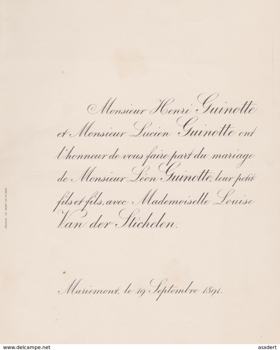 Faire-part Du Mariage De Léon Guinotte Avec Louise Van Der Stichelen Mariemont 19 Sept. 1891 - Huwelijksaankondigingen