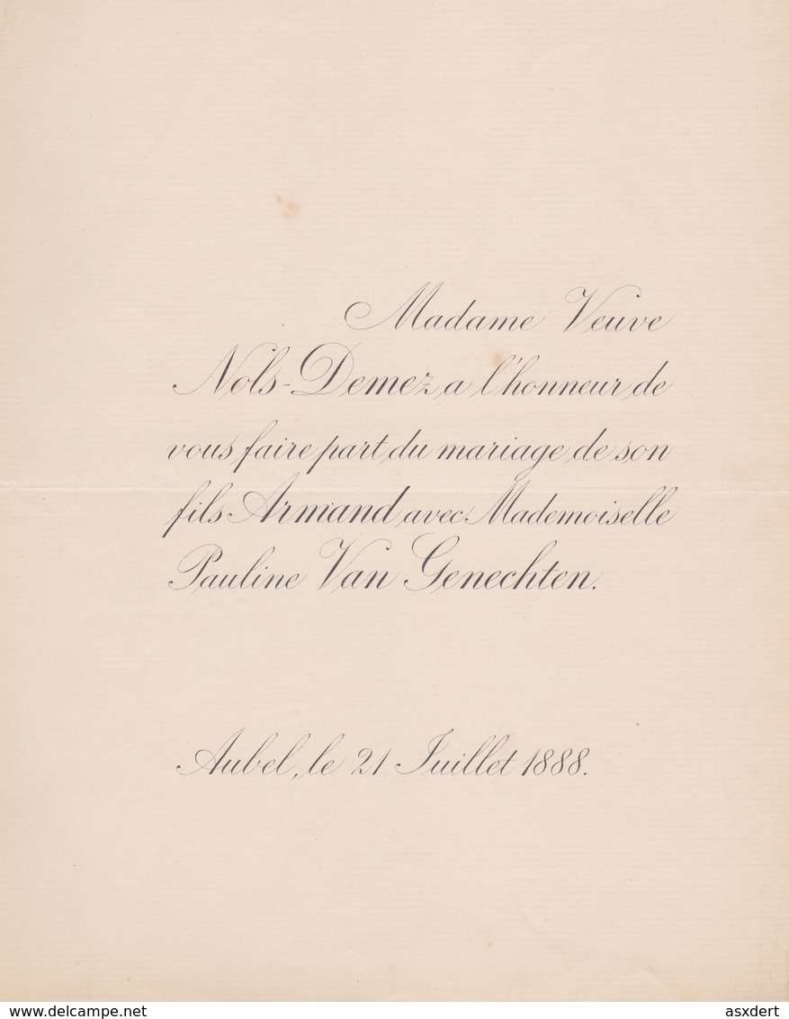 Faire-part Du Mariage De Armand Nols Et Pauline Van Genechten. Aubel, 21 Juillet 1888 - Huwelijksaankondigingen