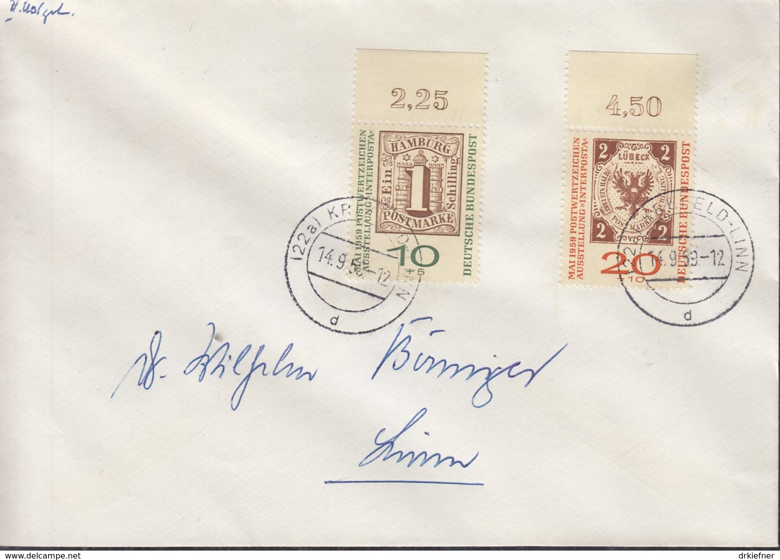 BRD  310-311 B MiF, Auf Orts-Brief Mit Stempel: Krefeld 14.9.1959 - Covers & Documents