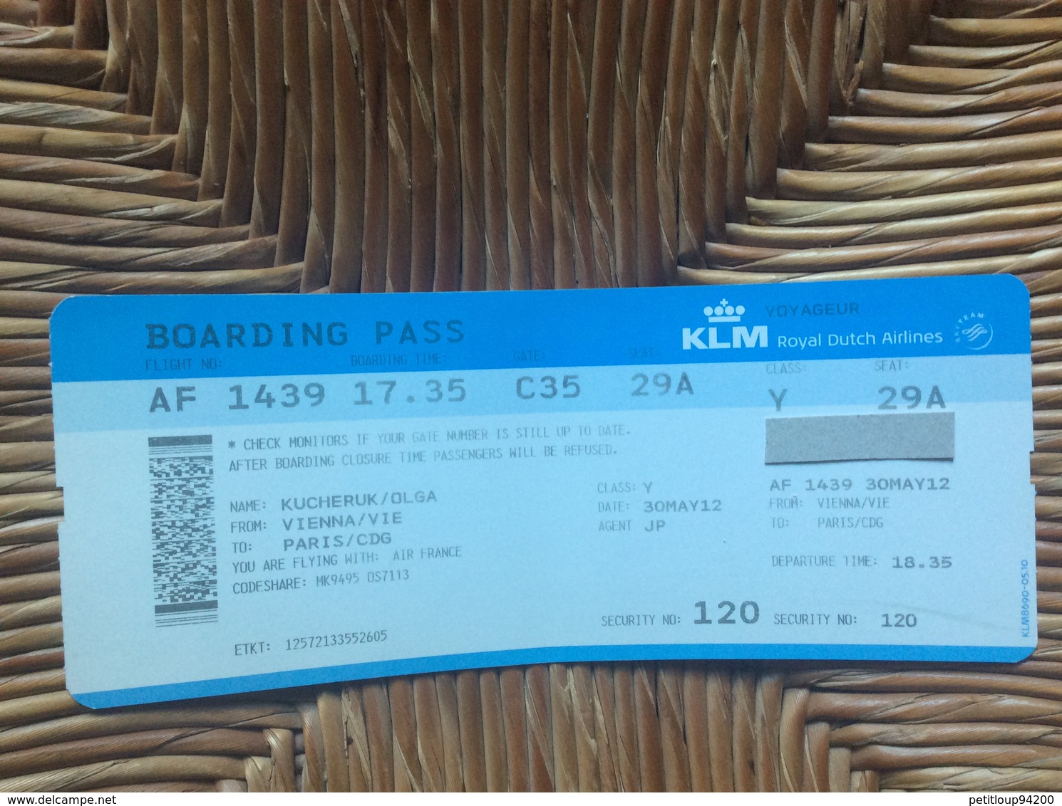 KLM ROYAL DUTCH AIRLINES  CARTE D’EMBARQUEMENT BOARDING PASS   Vienne>Paris - Carte D'imbarco