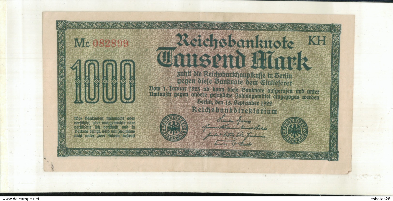 Billet  Allemagne 1000 Mark  1922   (Mai 2020  015) - 1.000 Mark