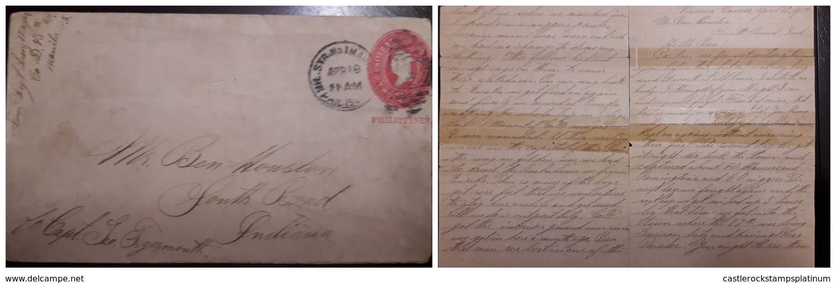 O) 1900 CIRCA- PHILIPPINES - USS OCCUPATION, COMPLETE LETTER, WASHINGTON 2c POSTAL STATIONERY - STATIONARY, TO INDIANA - Philippines