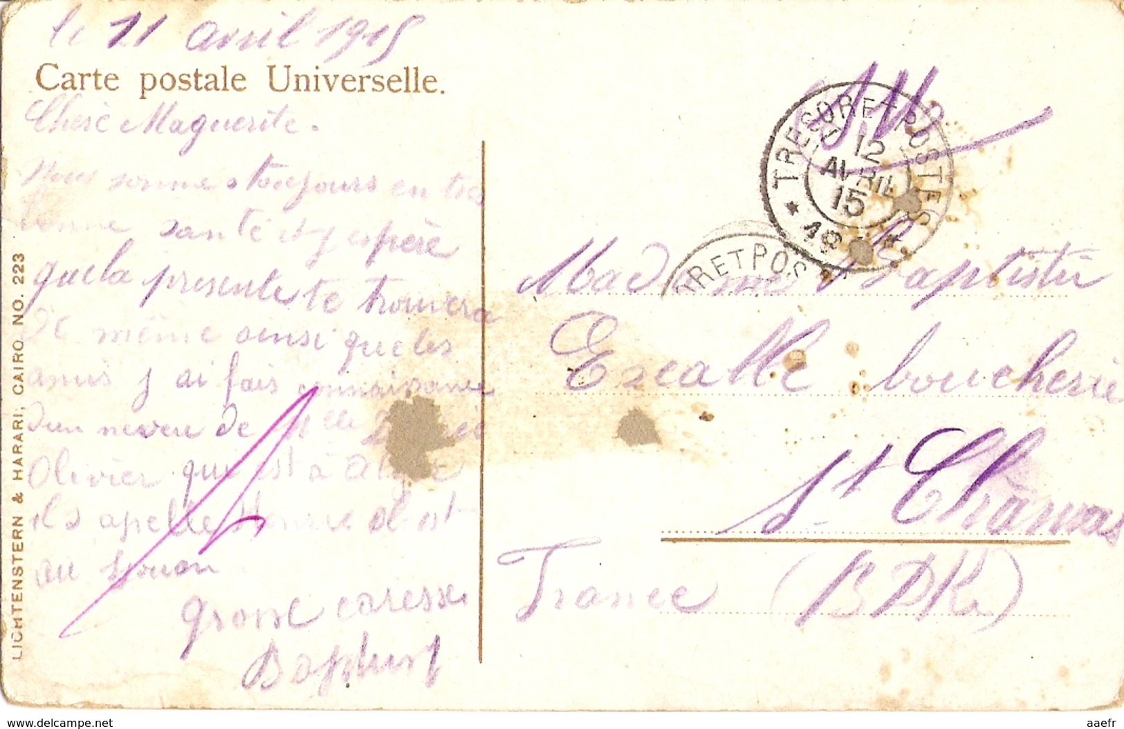 Alexandrie 1915 - Cachet Trésor Et Postes - Carte Postale Rue Porte Rosette - Tramway - Brieven En Documenten