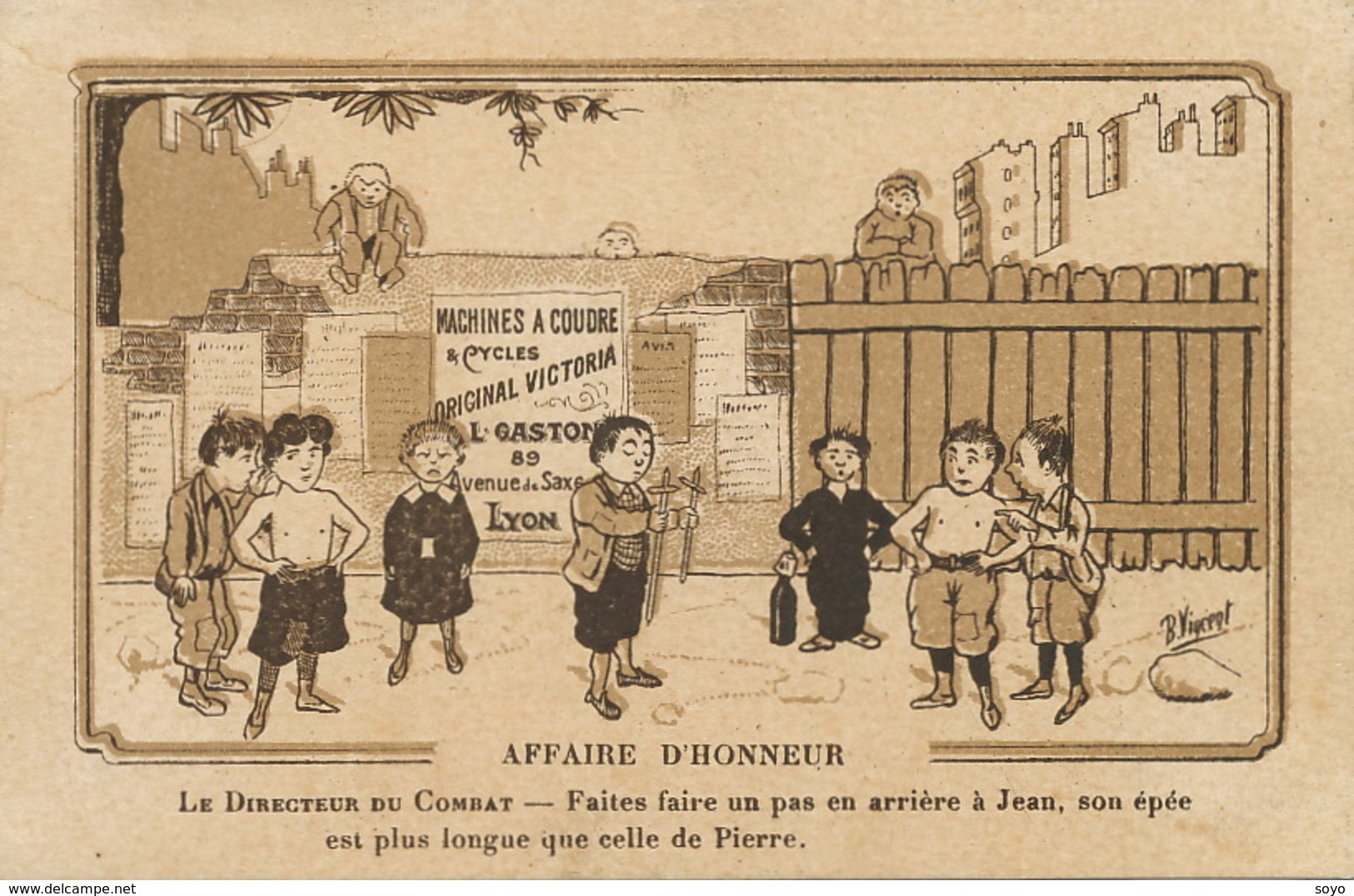 Duel Escrime Signée B. Vincent Publicité Machine à Coudre Et Velos Victoria Gaston Lyon . Sewing Machine - Fencing