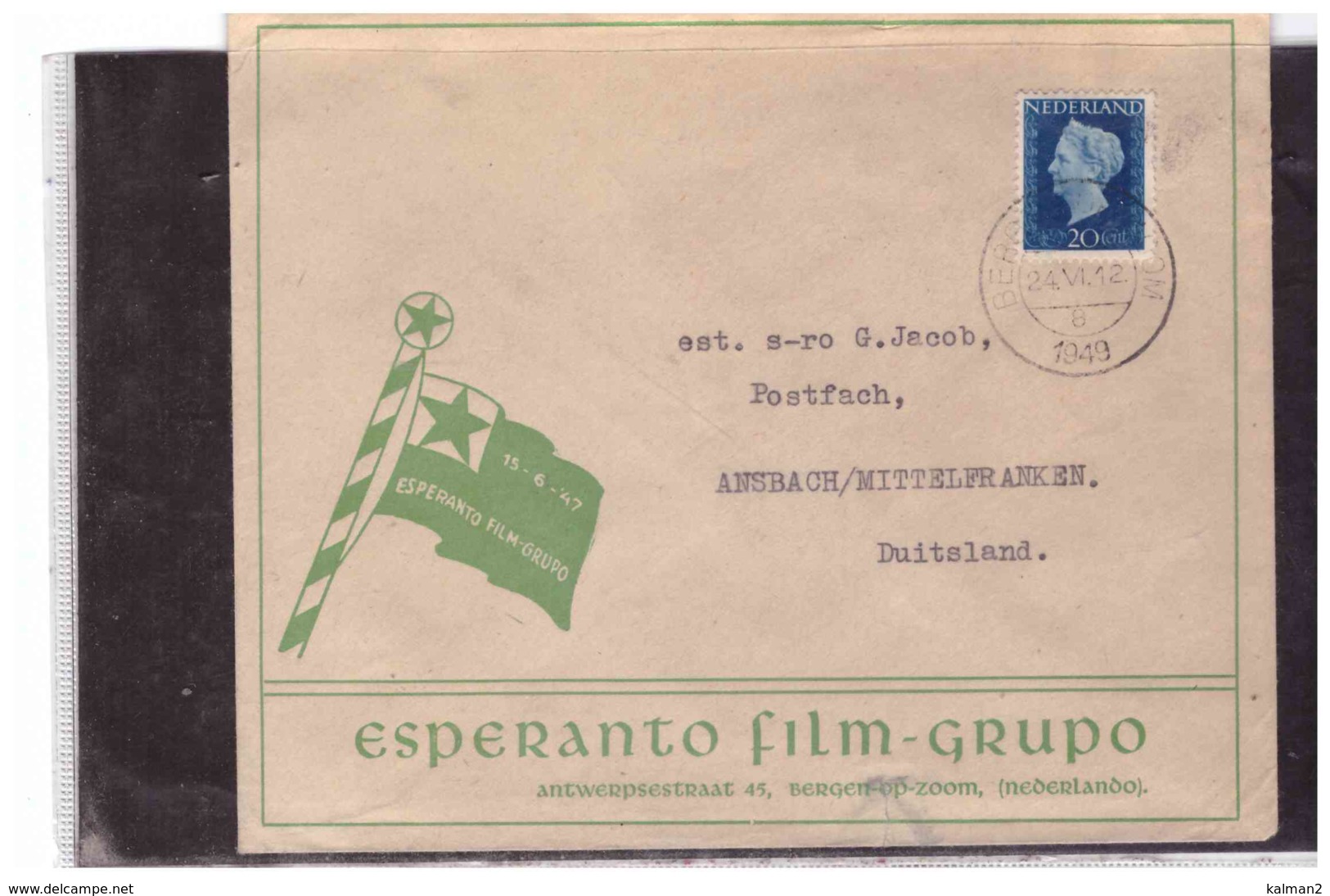 TEM11178  -   BERGEN-OP-ZOOM  24.6.1949   /    COVER WITH INTERESTING POSTAGE  " ESPERANTO FILM-GRUPO " - Marcophilie