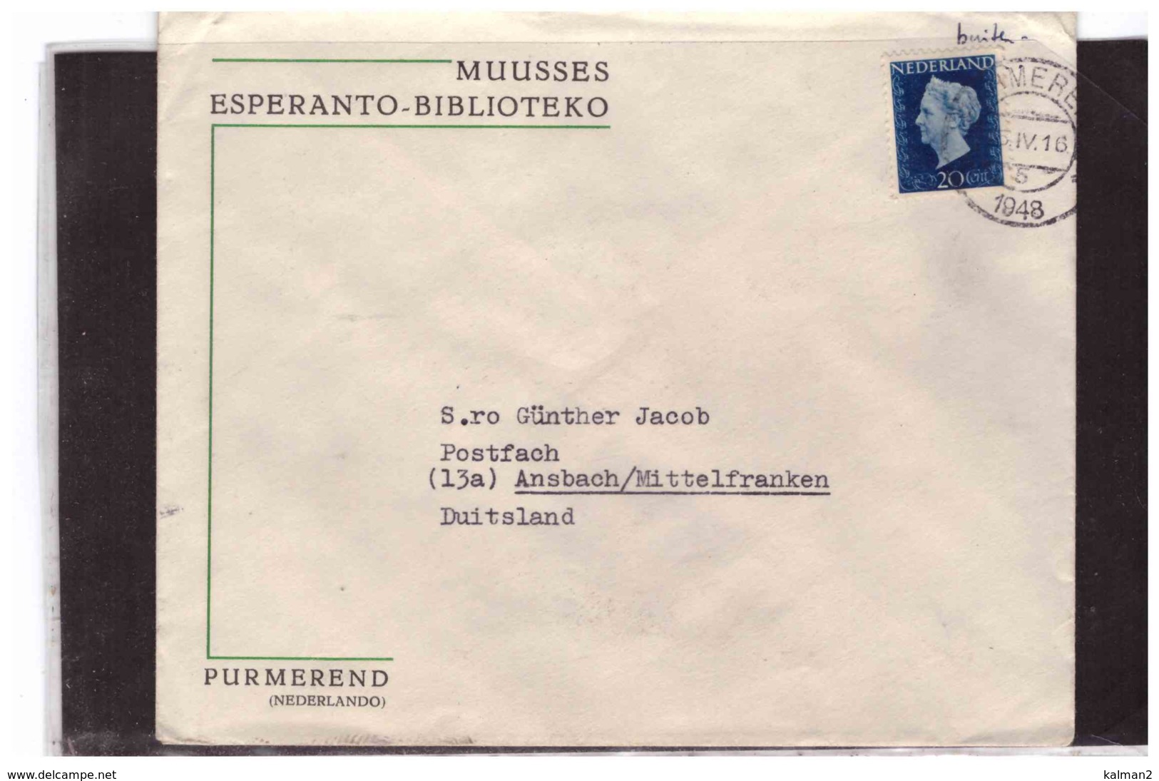 TEM11169  -   PURMEREND    /    COVER WITH INTERESTING POSTAGE  " MUUSSES ESPERANTO-BIBLIOTEKO " - Marcophilie