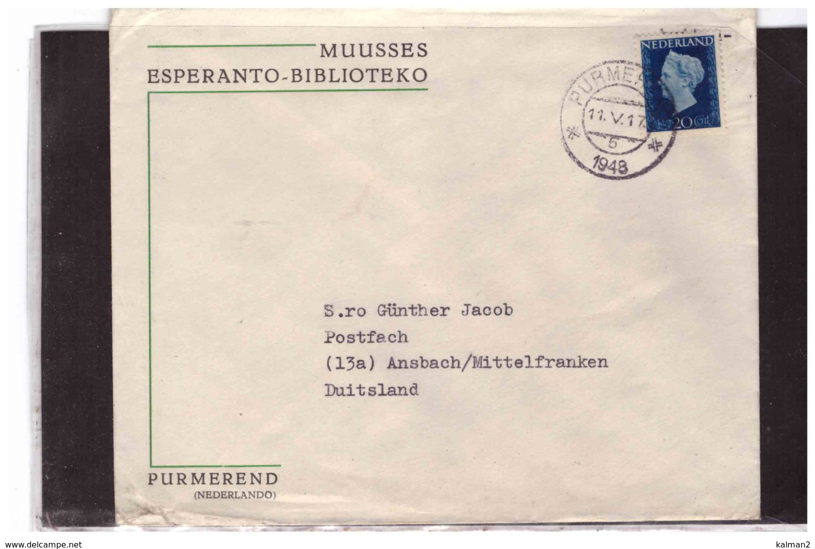 TEM11128  -    PURMEREND  11.5.1948   /    COVER WITH INTERESTING POSTAGE   (  MUUSSES ESPERANTO-BIBLIOTEKO ) - Marcophilie