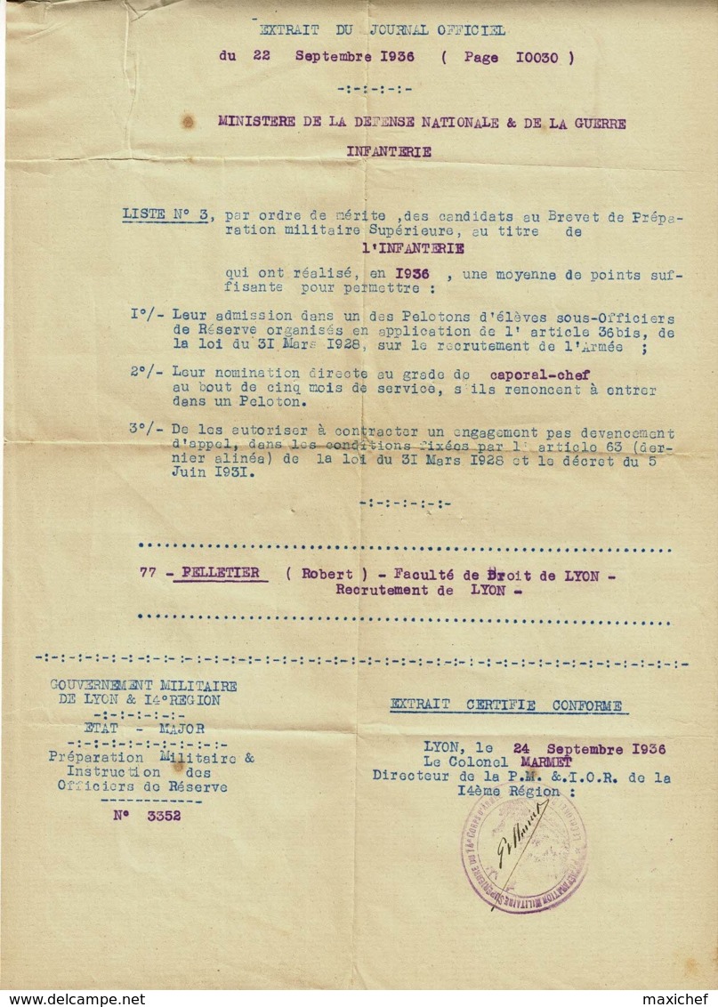 Liste N° 3 Des Candidats Au Brevet De Préparation Militaire Supérieure Au Titre De L'Infanterie - Journal Officiel 1936 - Diploma & School Reports