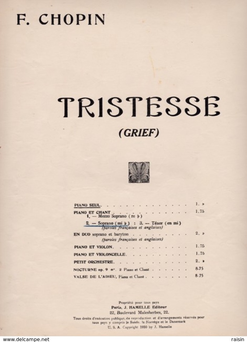 F.Chopin,Tristesse (Grief), Paroles F.Litvinne Soprano Et Nocturne (Chère Nuit) Paroles E.Hamelle OP.9n°2 Chant Piano BE - Scores & Partitions