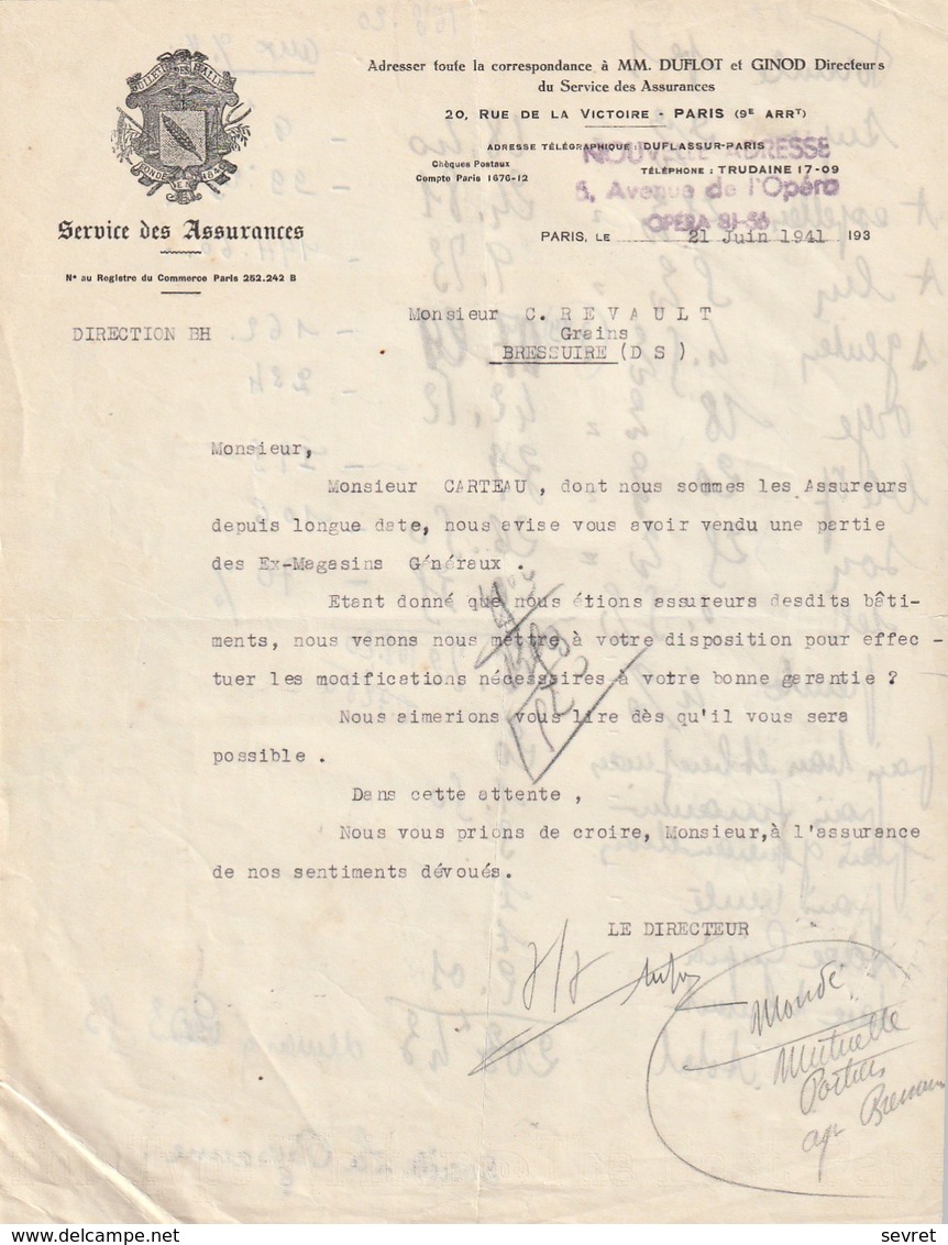 75  - PARIS  20 Rue De La Victoire  9 ème   Service Des Assurannces    A4 - Banque & Assurance
