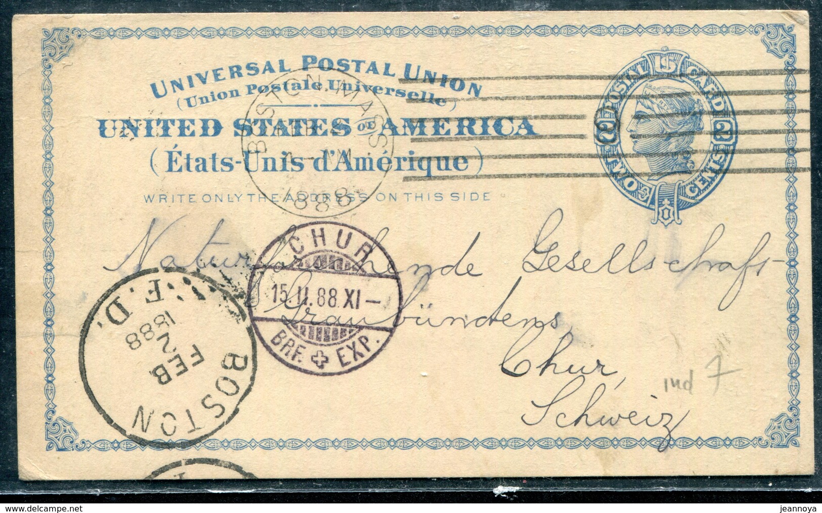 ETATS UNIS - CP 2c. BLEU ALLEGORIE, OBL. BOSTON LE 2/2/1888 POUR LA SUISSE - TB - ...-1900