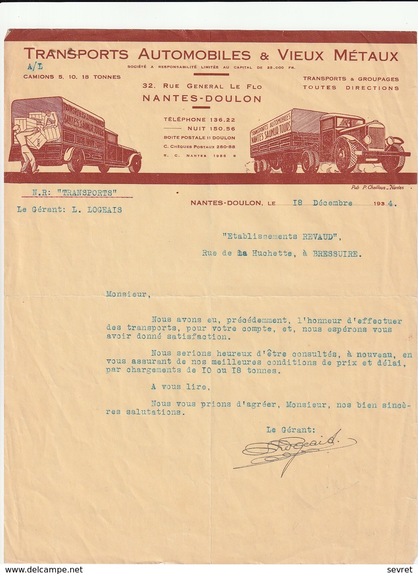 44 - NANTES- DOULON   32 Rue Général Le Flo Transports Automobiles Et Vieux Métaux      A4 - Verkehr & Transport