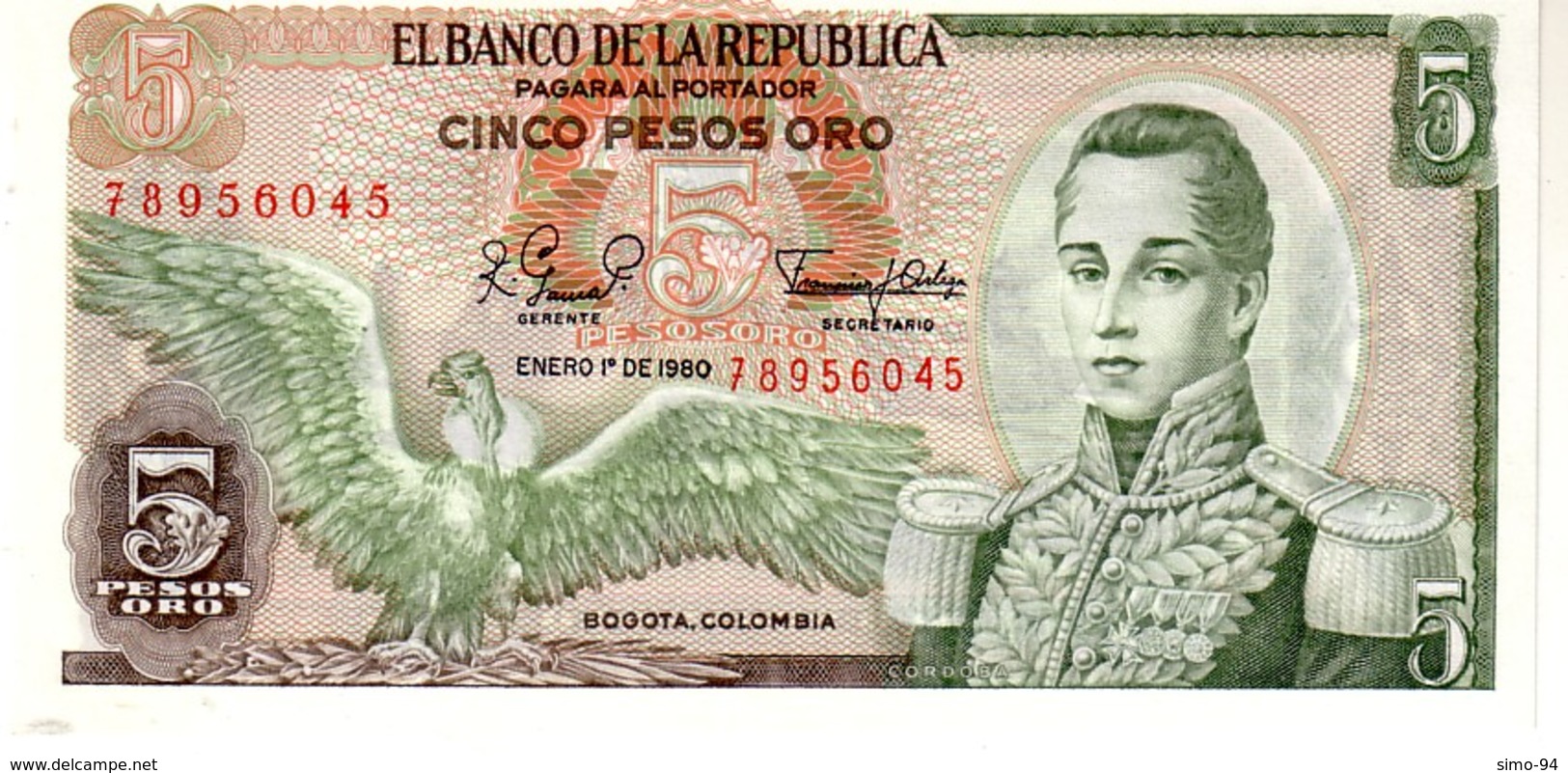 Colombia P.406  5 Pesos 1980 Unc - Colombia