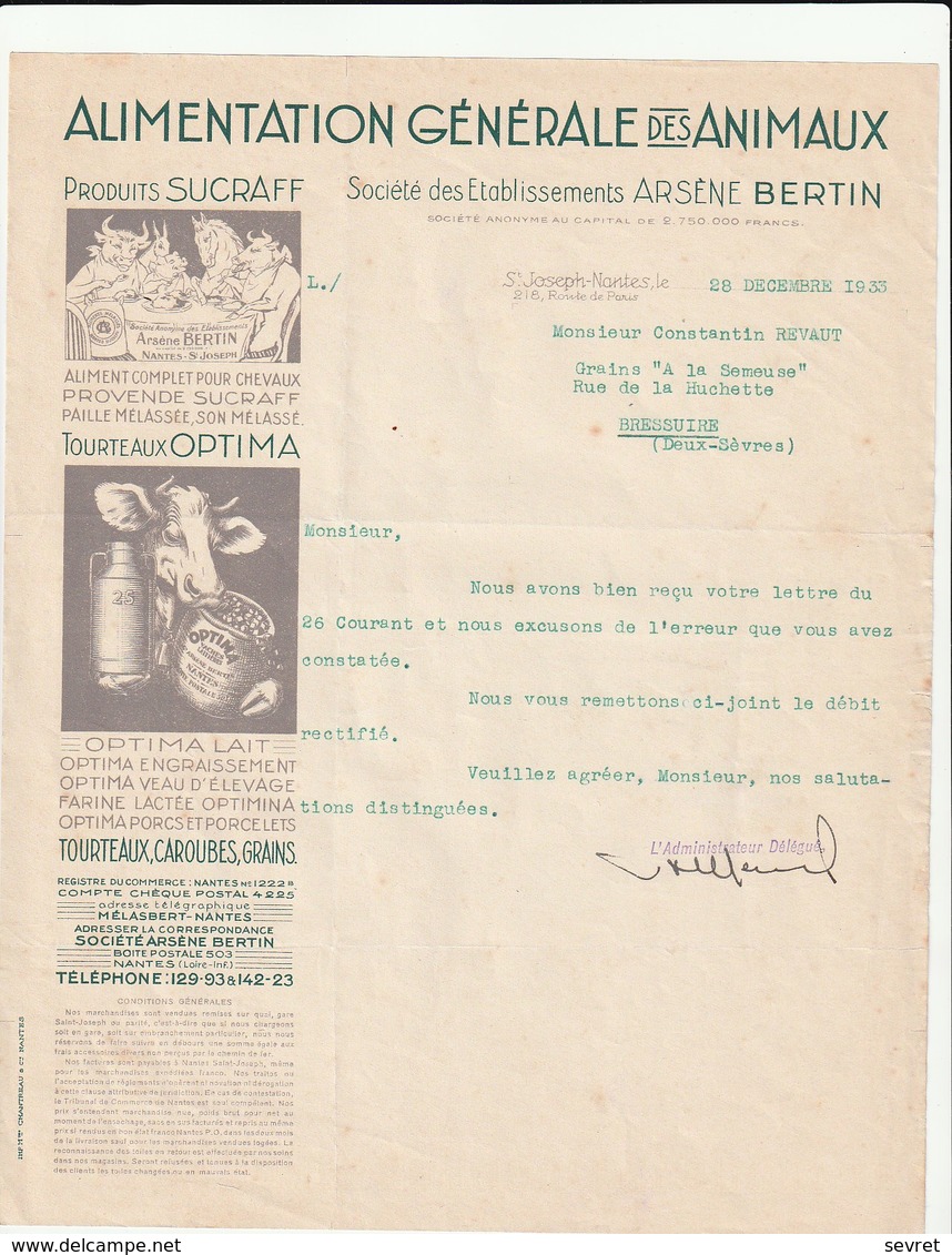 44 -  NANTES - ST JOSEPH   Société Arsene Bertin  - Alimentation  Générale Des Animaux     A4 - Agricultura
