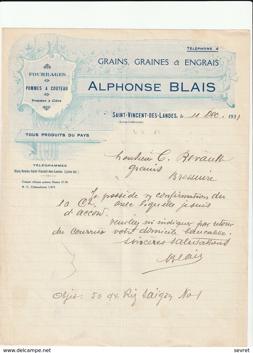 44 -  SAINT VINCENT DES LANDES - Alphonse BLAIS - Grains Graines Et Engrais    1/2 Format - Agriculture