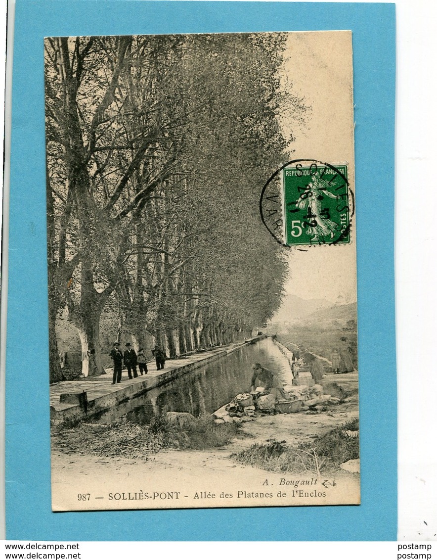 SOLLIES PONT-allée Des Platanes De L'enclos -beau Plan-promeneurs Et Lavandière-a Voyagé En 1912-édit Bougault - Sollies Pont