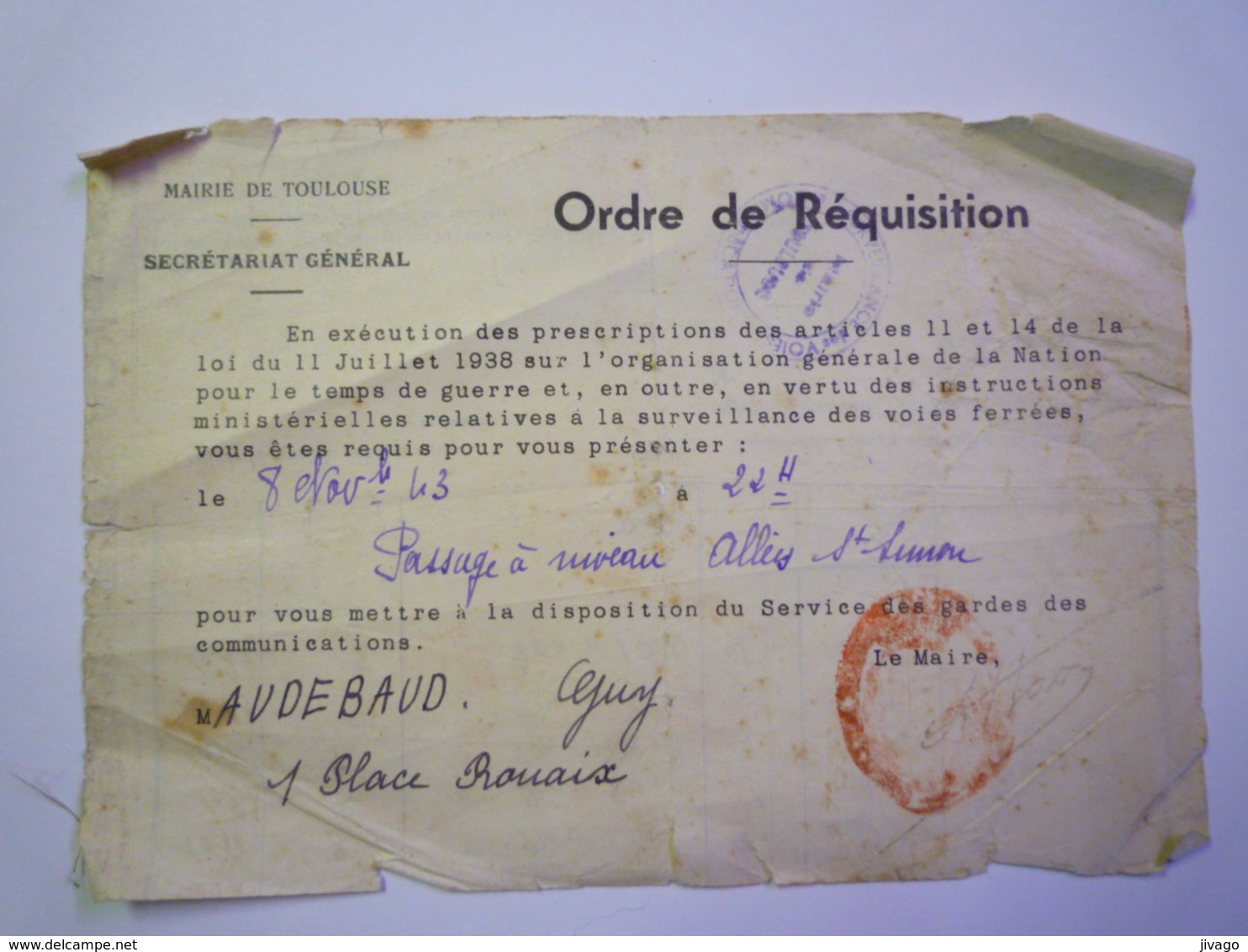 2020 -  5802  MAIRIE De TOULOUSE  :  Ordre De REQUISITION  Du 8 NOV 1943   XXX - Non Classés