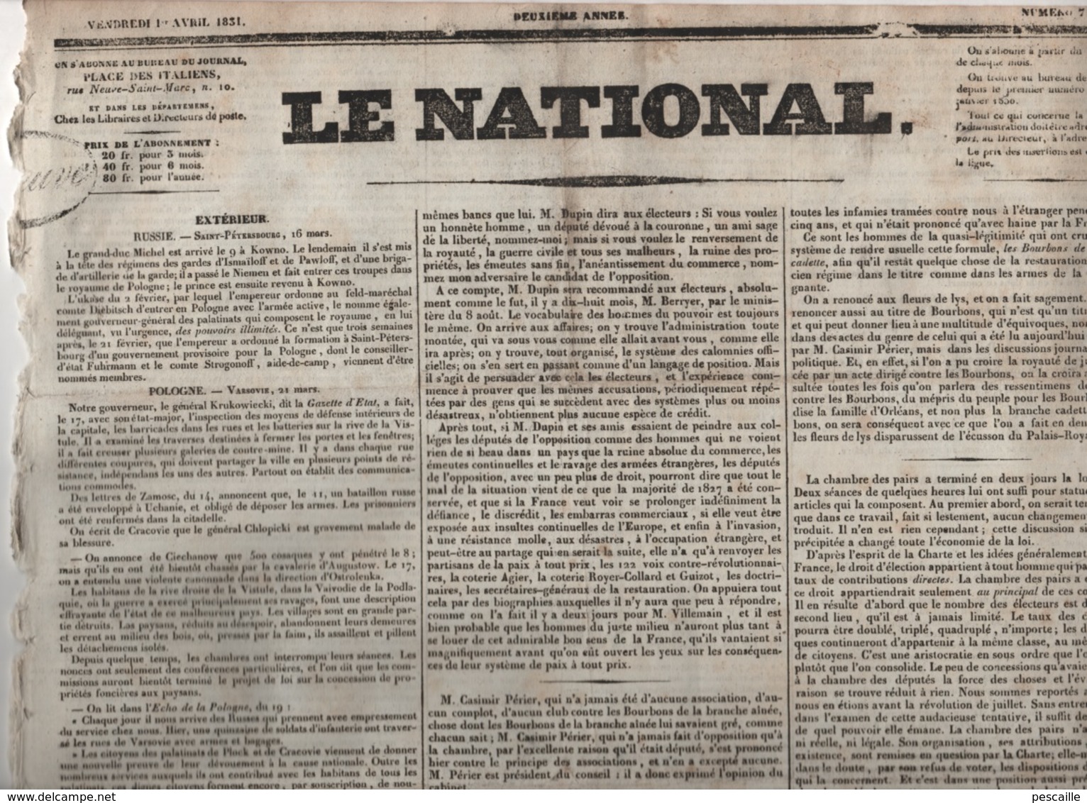 LE NATIONAL 01 04 1831 - RUSSIE POLOGNE - BRUXELLES - BOURBONS - LOI ELECTORALE - REVOLUTION DE 1830 - 1800 - 1849