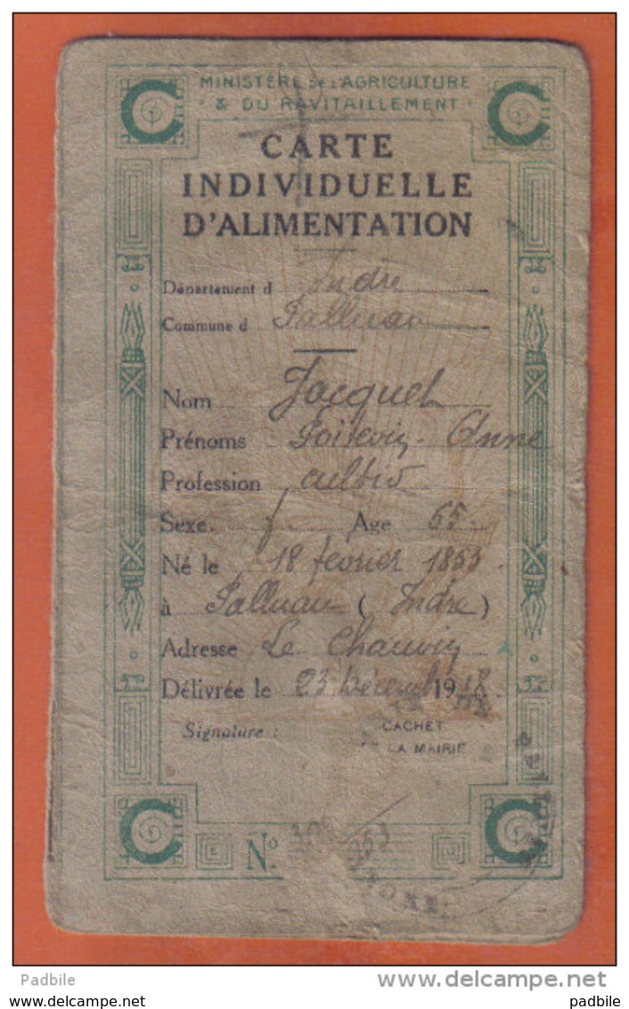 36. Palluau Carte Individuelle D'Alimentation Délivrée En Décembre 1918 - Sammlungen