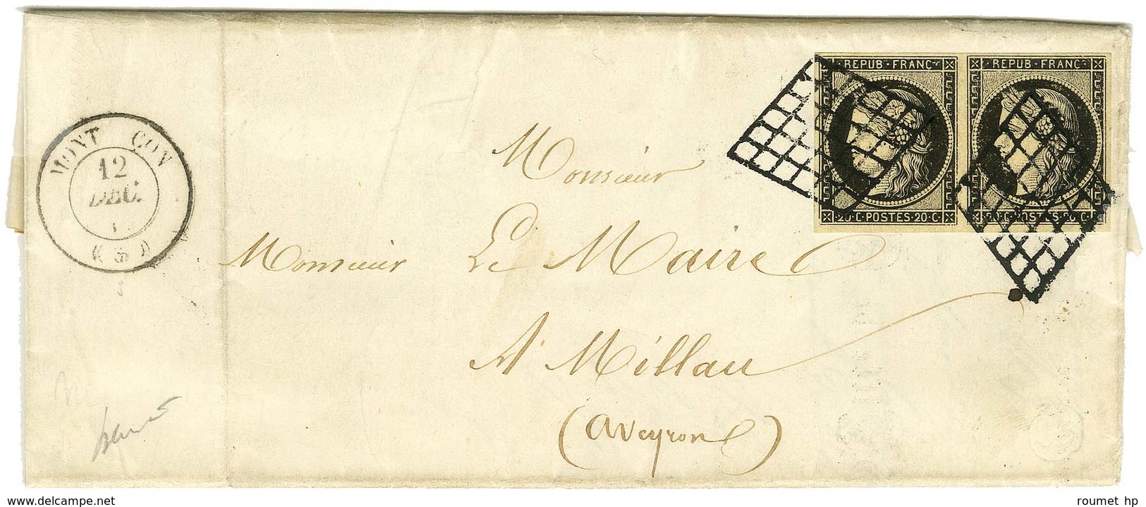 Grille / N° 3 Paire Càd T 15 MONTLUCON (3) Sur Lettre Avec Texte Et Bel En-tête Imprimé Adressé En Double Port à Millau. - 1849-1850 Ceres