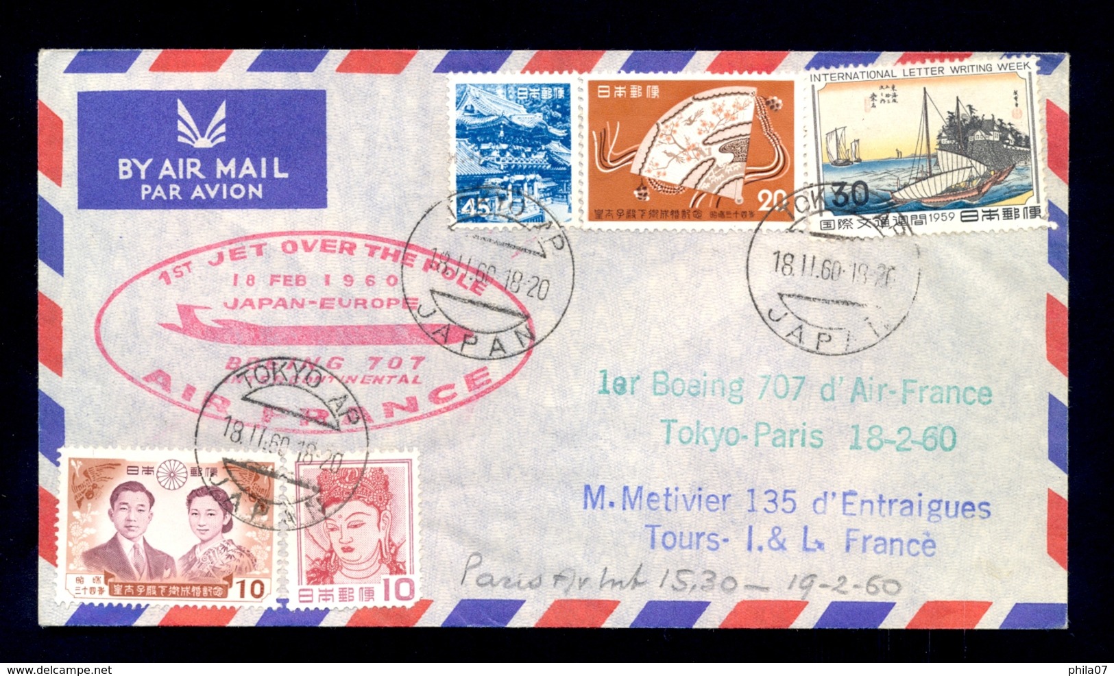 JAPAN - Airmail Cover, With Nice 'AIR FRANCE, 1st JET OVER POLE Boeing 707 Intercontinental' Cancel On Envelope. Sent By - Airmail