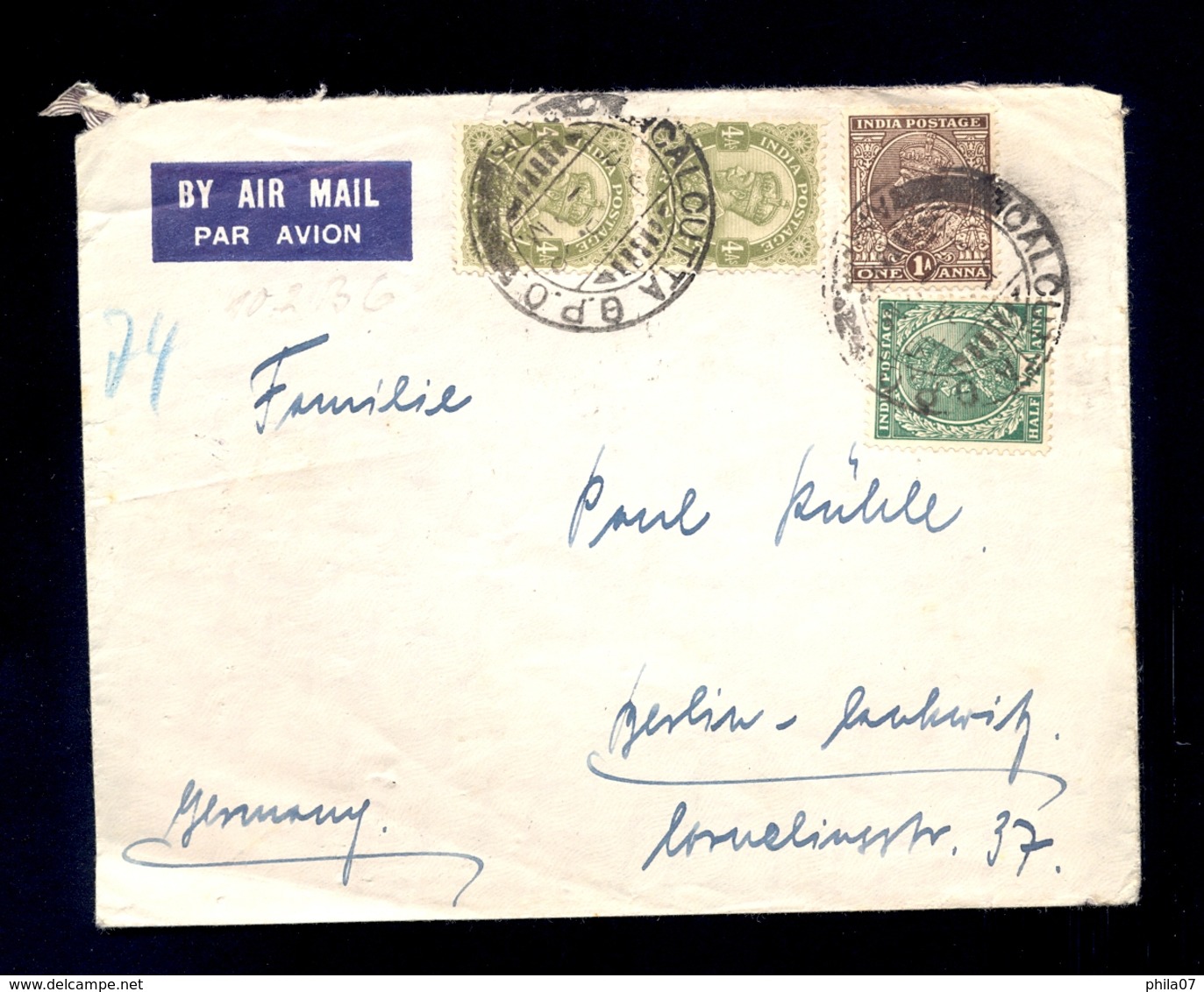 INDIA - Airmail Cover Sent By Airmail From Calcutta To Germany 193?. Nice Three Colored Franking. - Luftpost