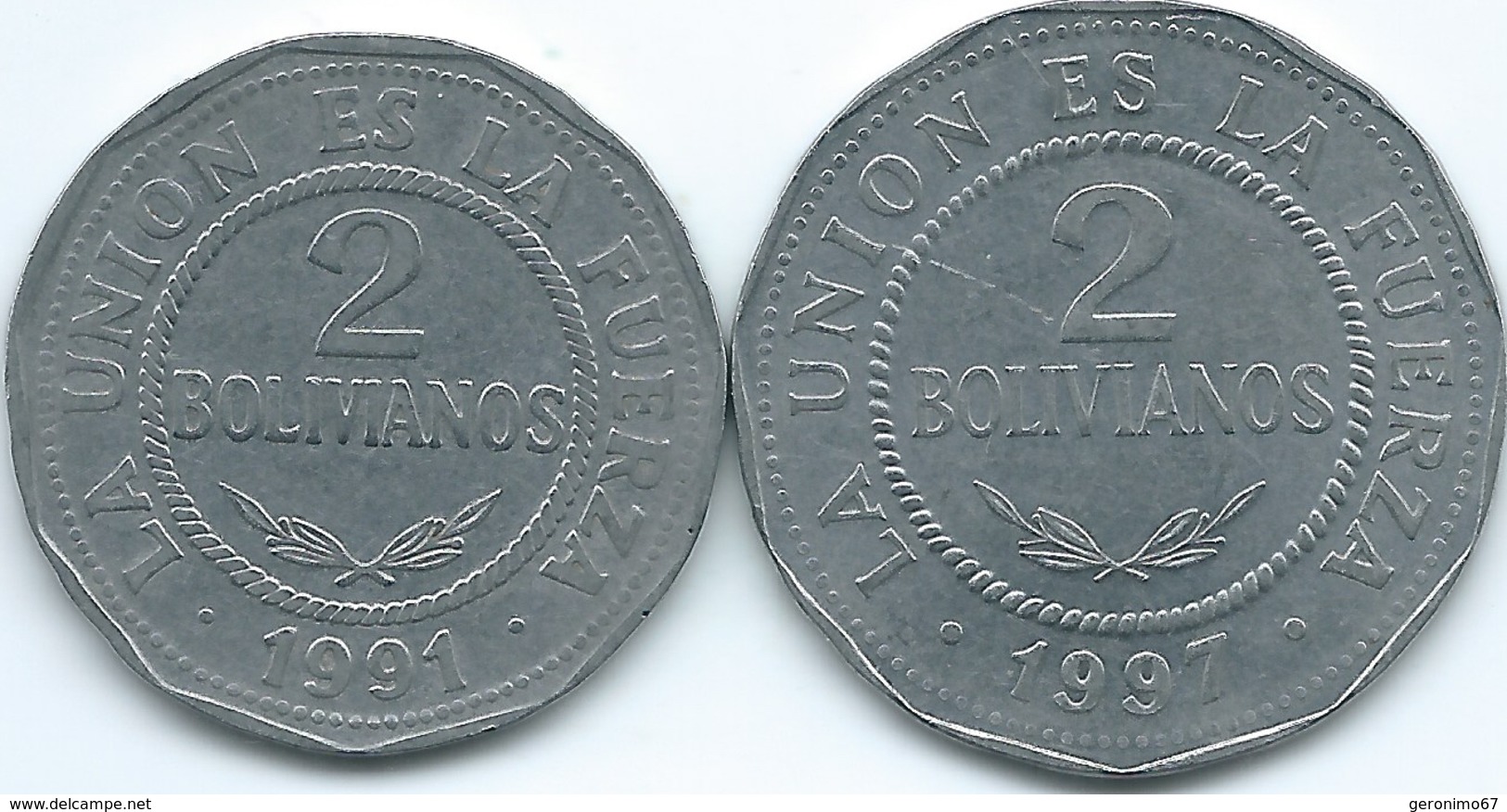 Bolivia - 2 Bolivianos - 1991 (KM206.1) & 1997 (KM206.2) - Bolivia