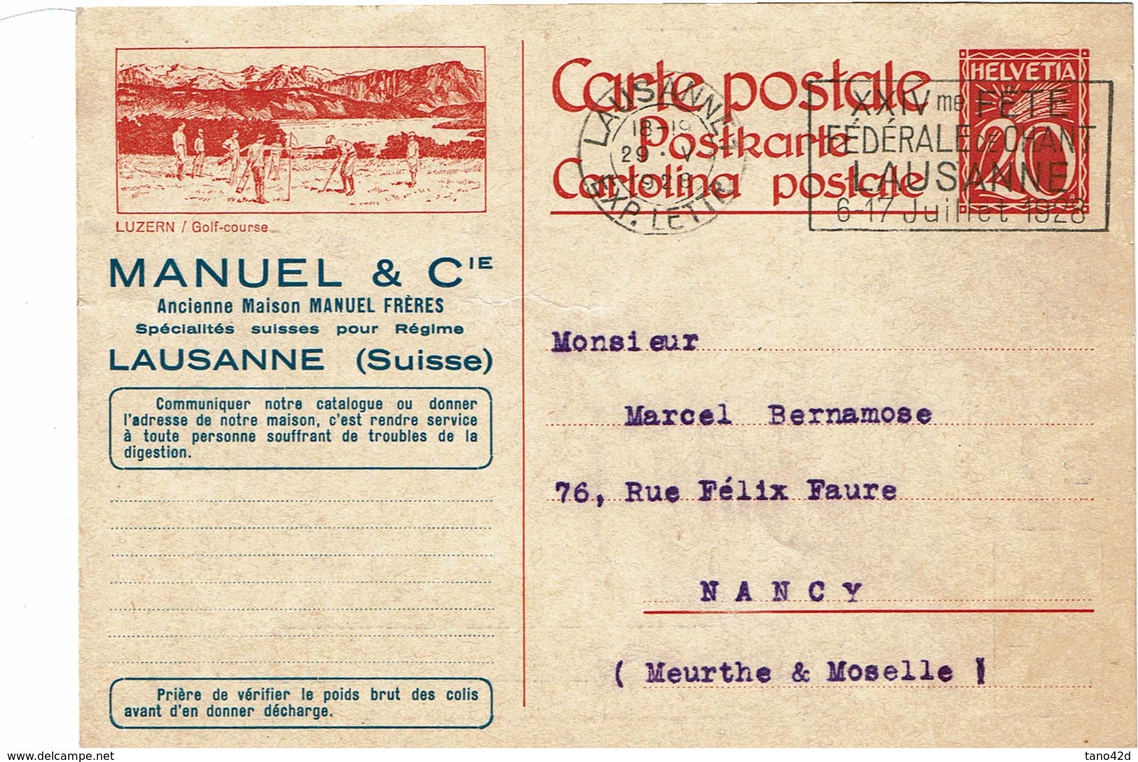 BR41 - SUISSE EP CP TSC MANUEL  DEPART LAUSANNE 13/2/1928 - Stamped Stationery