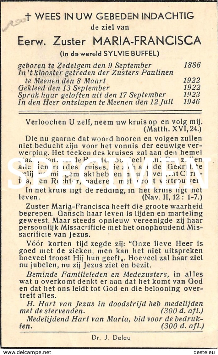 Bidprentje Eerw. Zuster Maria-Francisca - Zedelgem - Religion & Esotericism