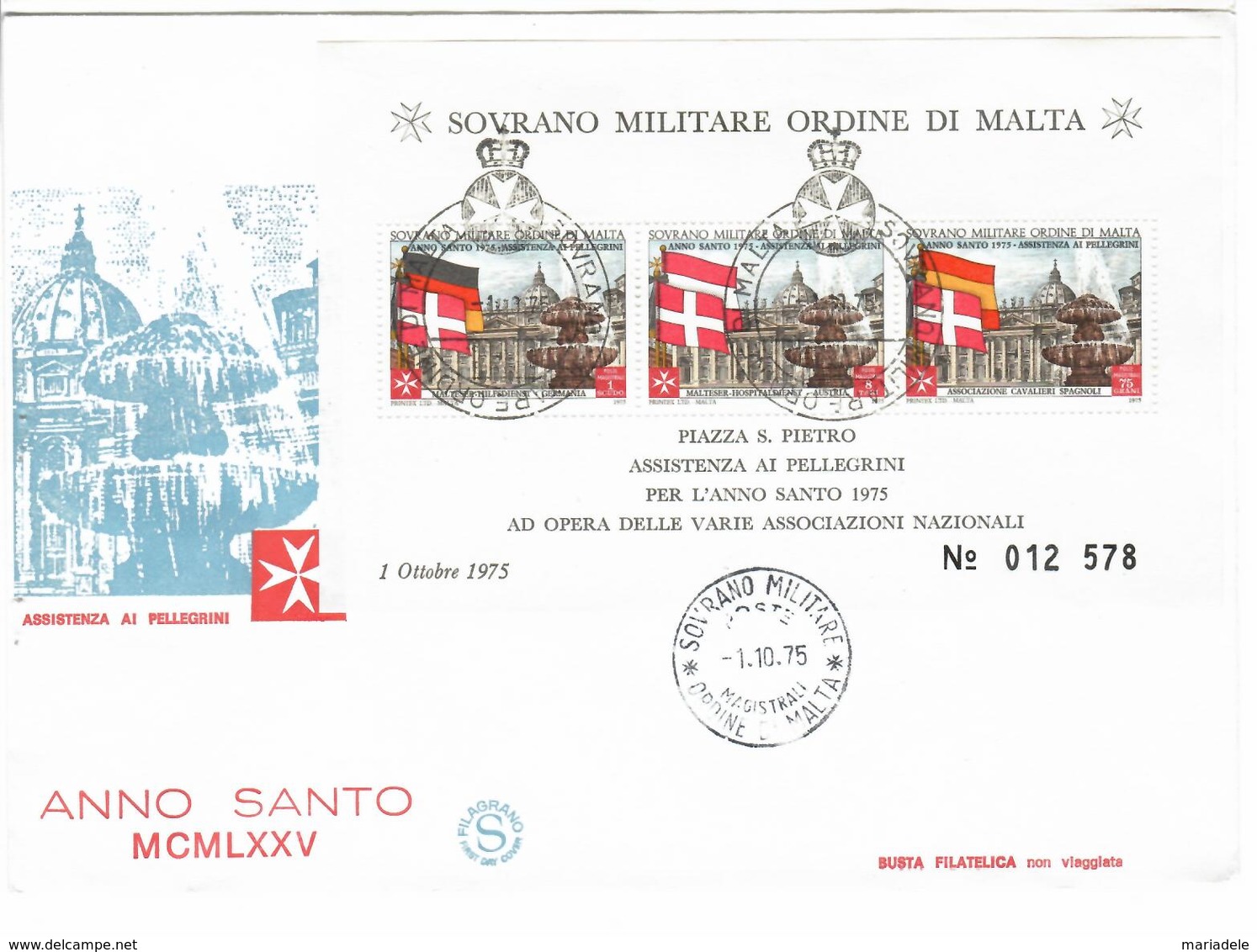SMOM 1975, Anno Santo Foglietto (o), FDC Filagrano - Malte (Ordre De)
