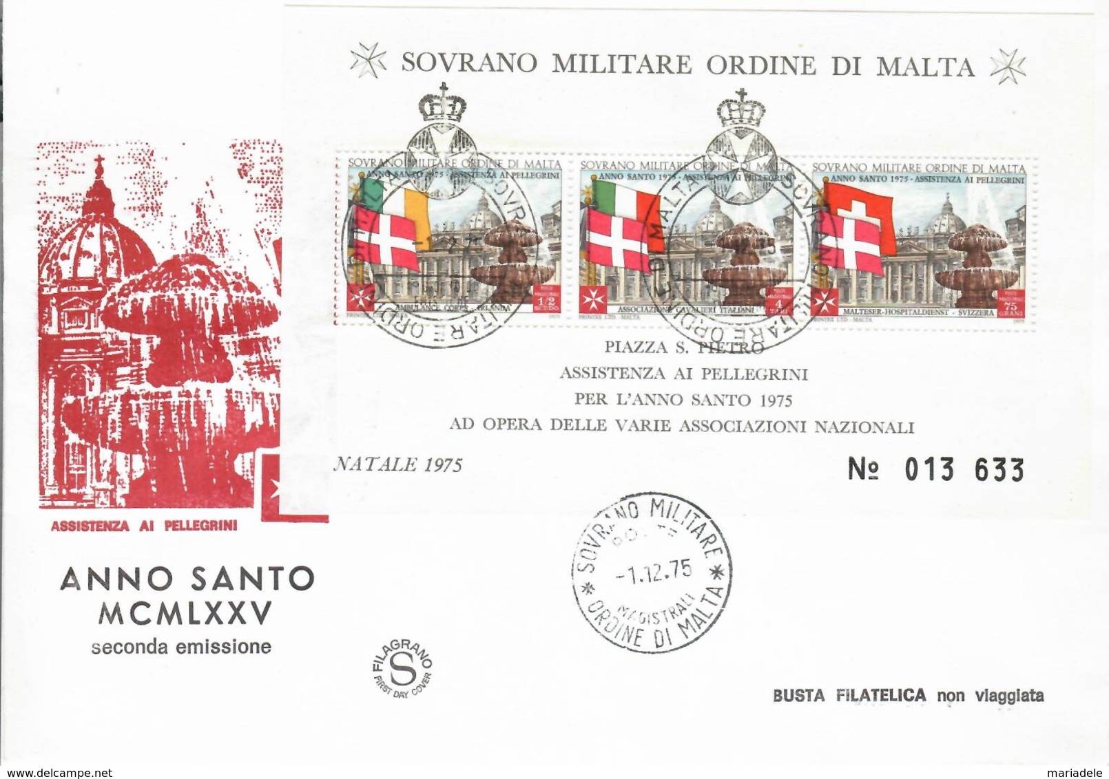 SMOM 1975, Natale, Anno Santo Foglietto (o), FDC Filagrano - Malta (Orde Van)