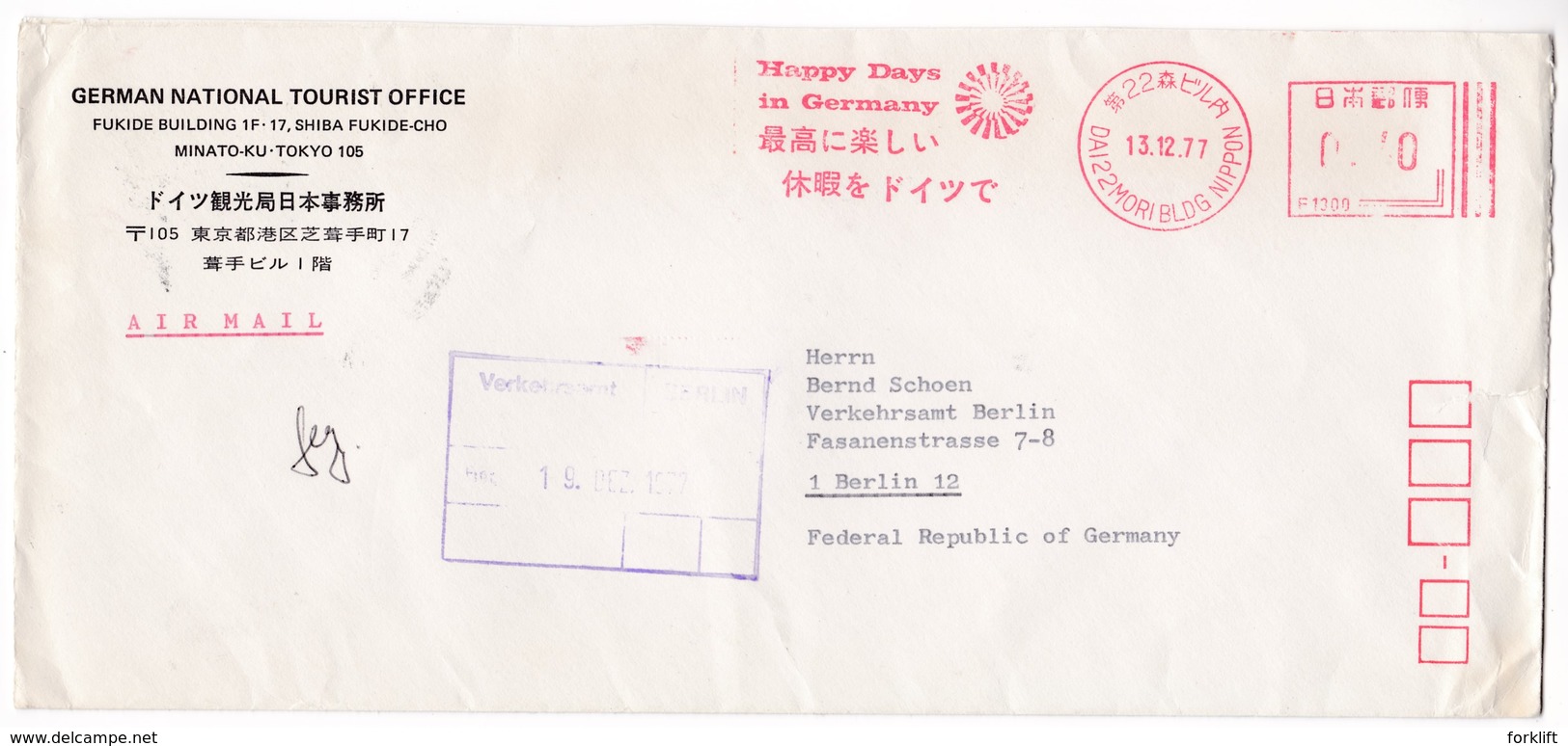 K213 Japan Red Meter Freistempel EMA 1977 MORI BUILDING Tokyo Happy Days In Germany - Storia Postale