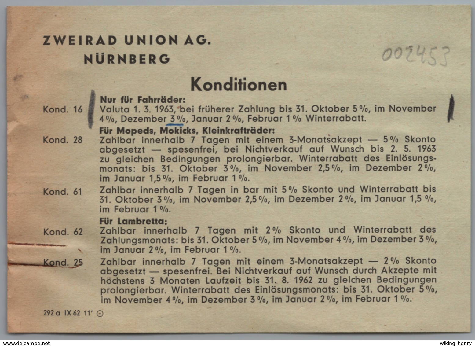 Nürnberg - Infoblatt 1963 Händler Konditionen Nachlass Rabatt Zweirad Union AG DKW Victoria Express - Advertising