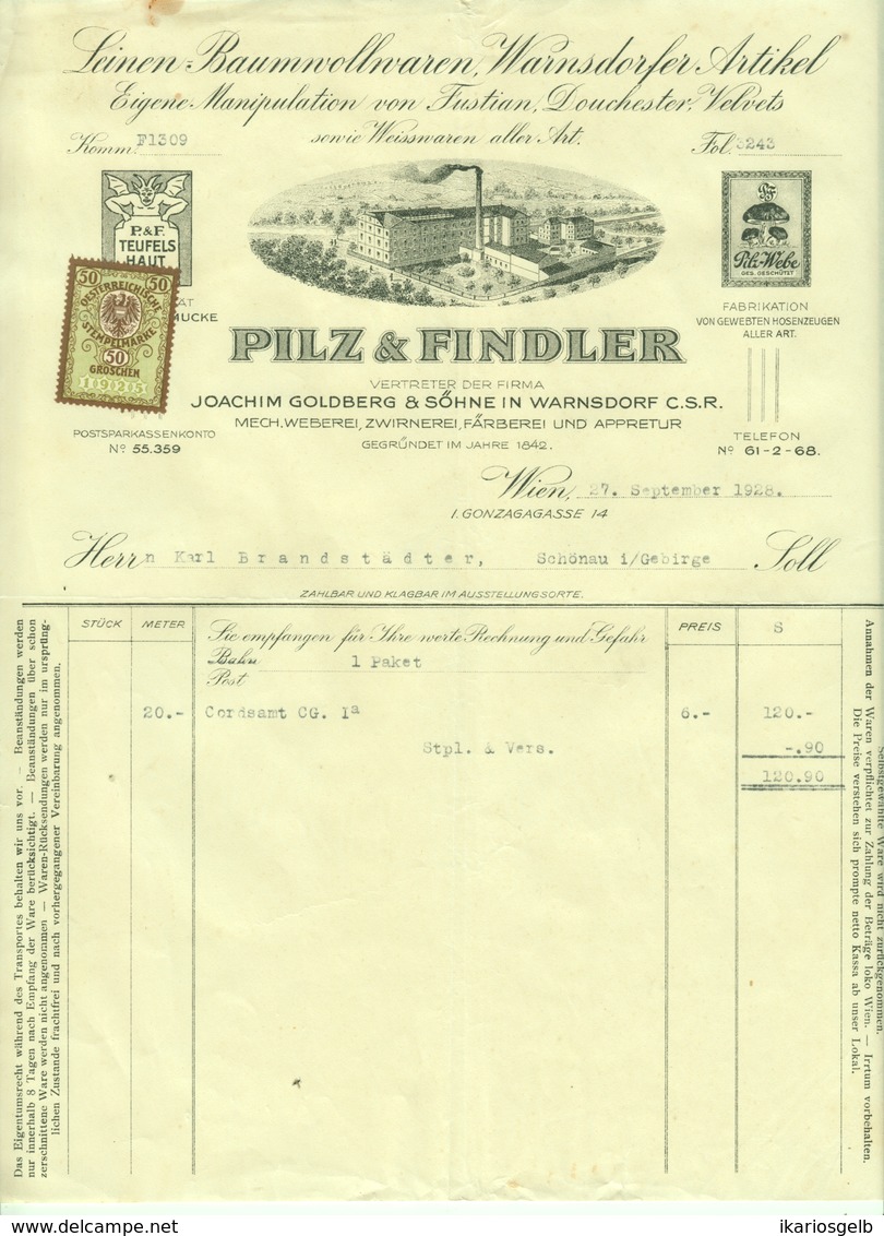 Österreich Wien + Warnsdorf CSR 1928 Rechnung Deko + Stempelmarke Fiskalmarke " PILZ Textil " - Autriche