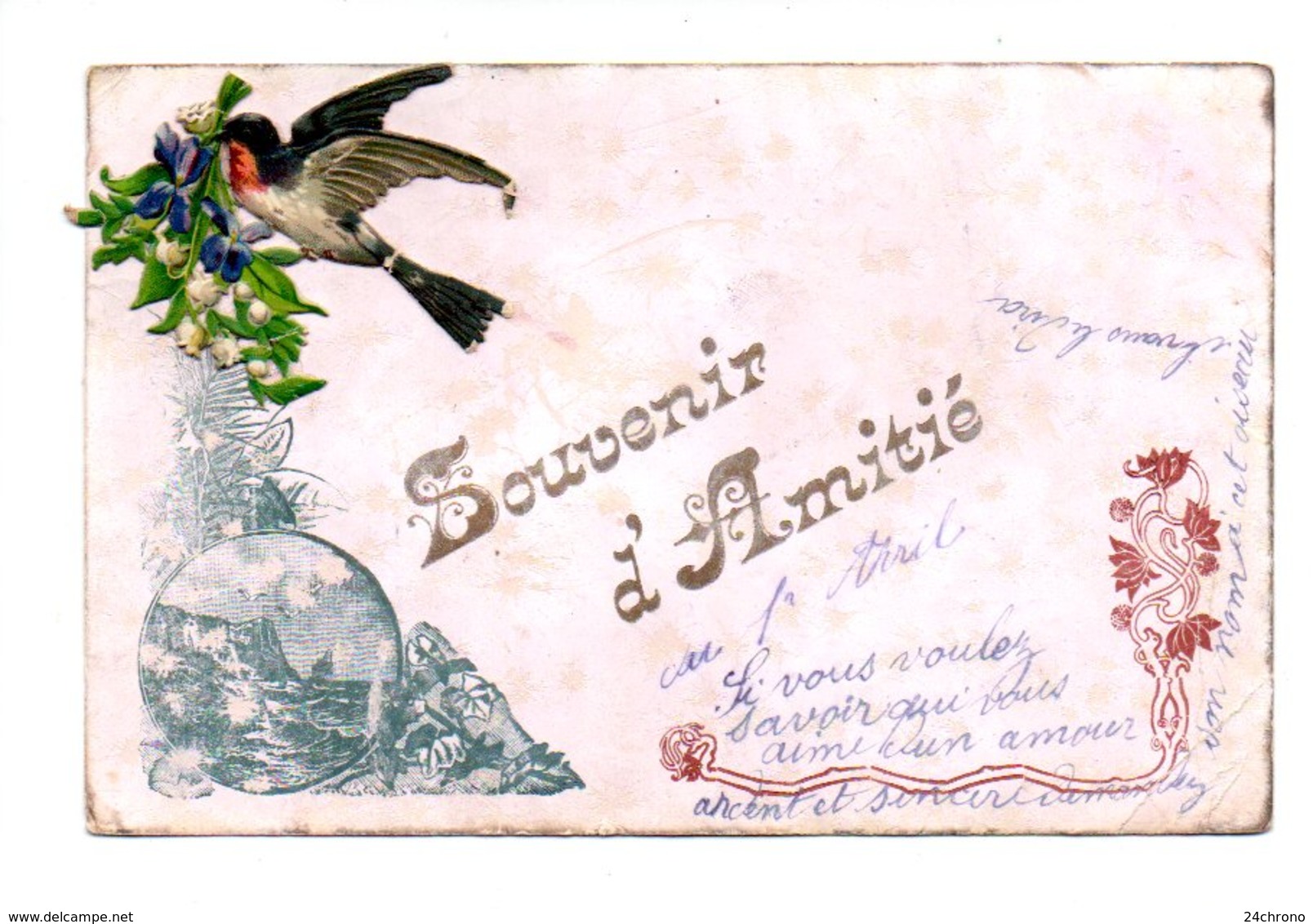 Souvenir D'Amitie: Collage, Decoupi, Chromo, Hirondelle Avec Muguet (20-833) - Andere & Zonder Classificatie