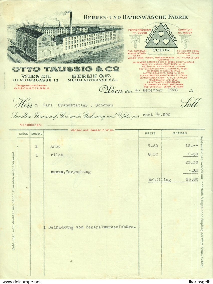 Österreich Wien + Berlin 1928 Rechnung Deko " OTTO TAUSSIG & Co Herren- U. Damenwäschefabrik Textil " - Autriche