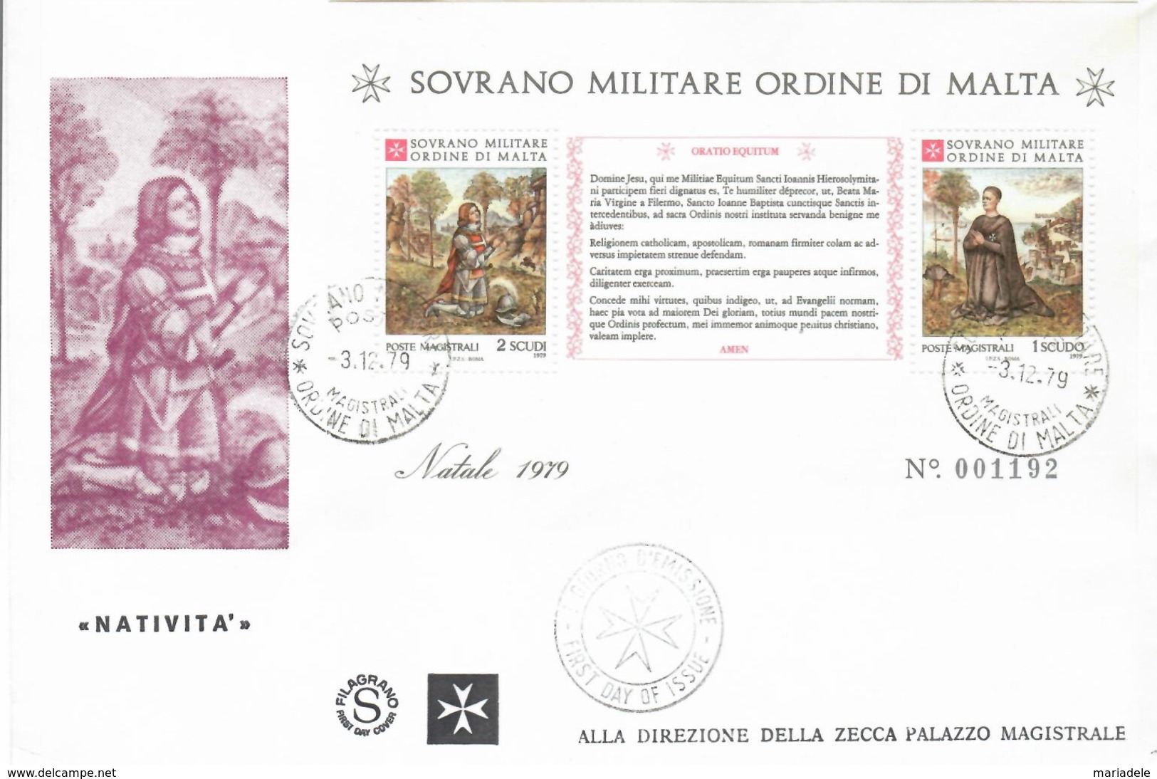 SMOM 1979, Natale Foglietto (o), FDC Filagrano - Malte (Ordre De)