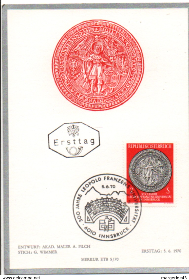 AUTRICHE ÖSTERREICH CARTE MAXIMUM 1970 300 ANS LEOPOLD FRANZENS UNIVERSITÄT - Maximumkarten (MC)