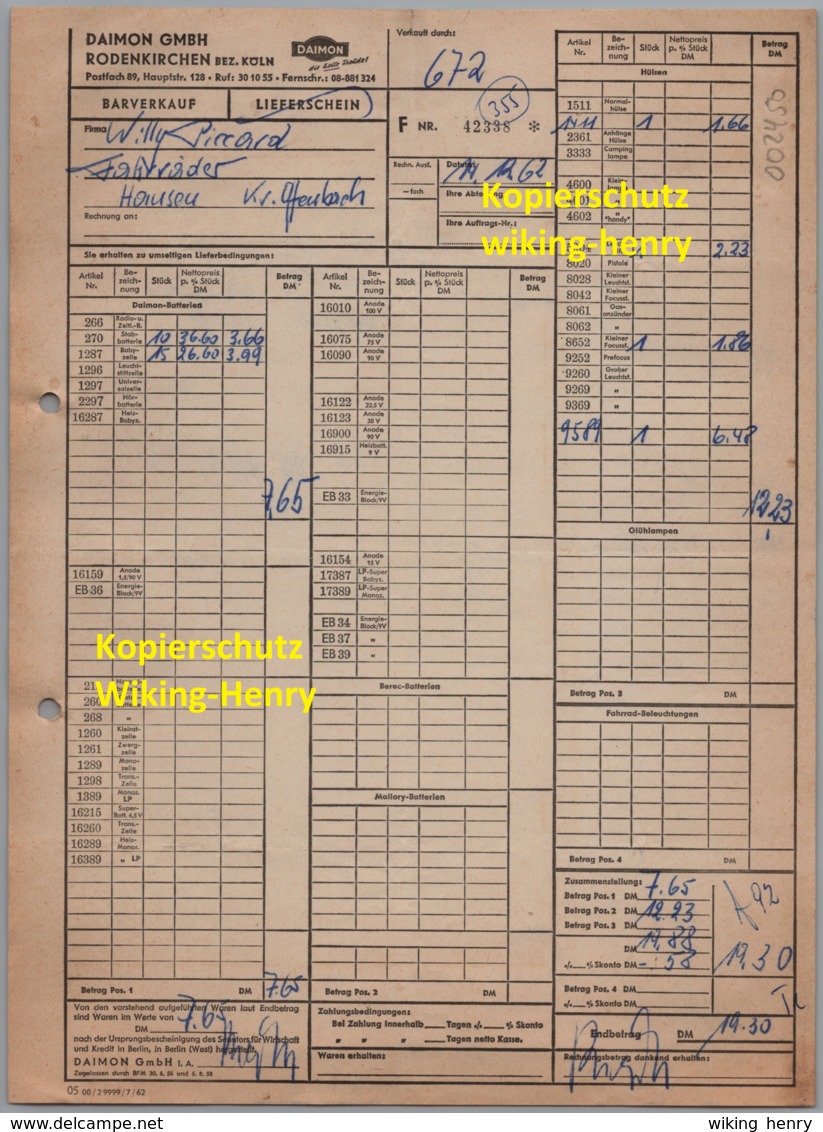 Köln Rodenkirchen - Rechnung Bestelliste Daimon Batterien 1962 - 1950 - ...