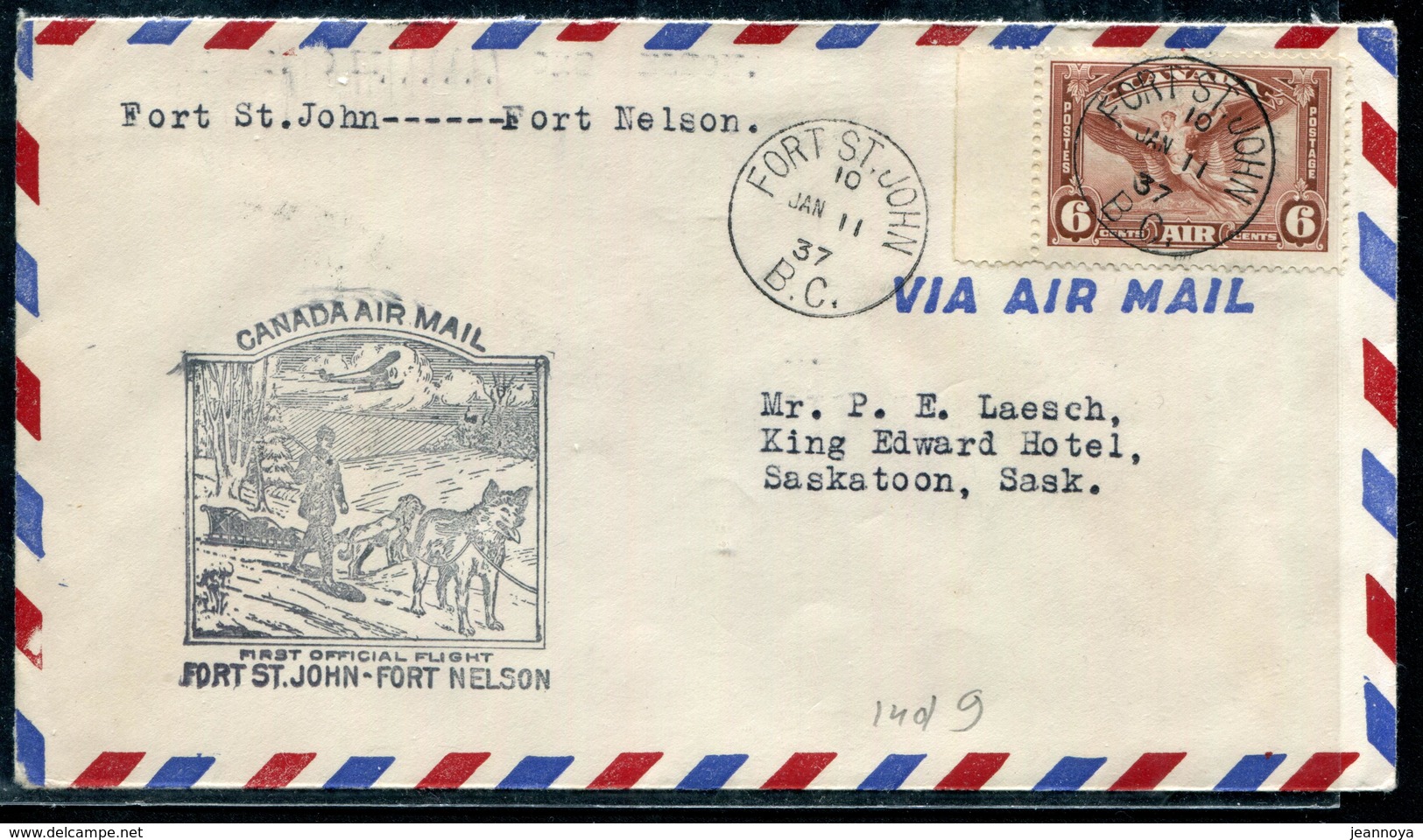 CANADA - P.A. N° 5 / 1er. VOL FORT ST JOHN - FORT NELSON LE 11/1/1937 - SUP - Erst- U. Sonderflugbriefe